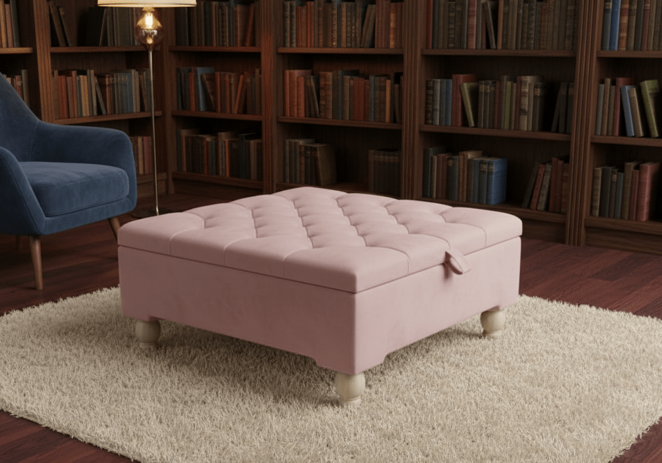 Chesterfield Storage Ottoman Bench UK – Plush Pink Velvet Coffee Table with Hidden Storage - ISTOOLS