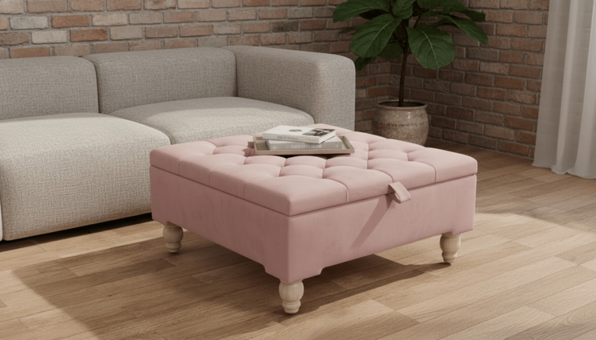 Chesterfield Storage Ottoman Bench UK – Plush Pink Velvet Coffee Table with Hidden Storage - ISTOOLS