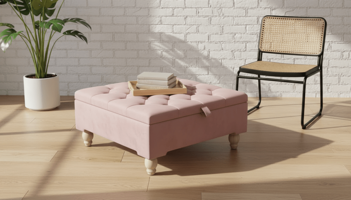 Chesterfield Storage Ottoman Bench UK – Plush Pink Velvet Coffee Table with Hidden Storage - ISTOOLS