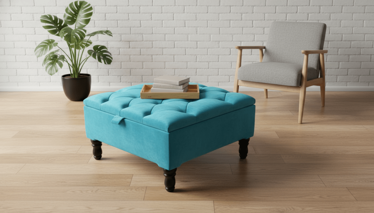 Chesterfield Storage Ottoman Bench UK – Plush Velvet Coffee Table with Hidden Storage ( Aqua ) - ISTOOLS