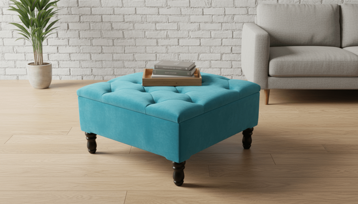 Chesterfield Storage Ottoman Bench UK – Plush Velvet Coffee Table with Hidden Storage ( Aqua ) - ISTOOLS