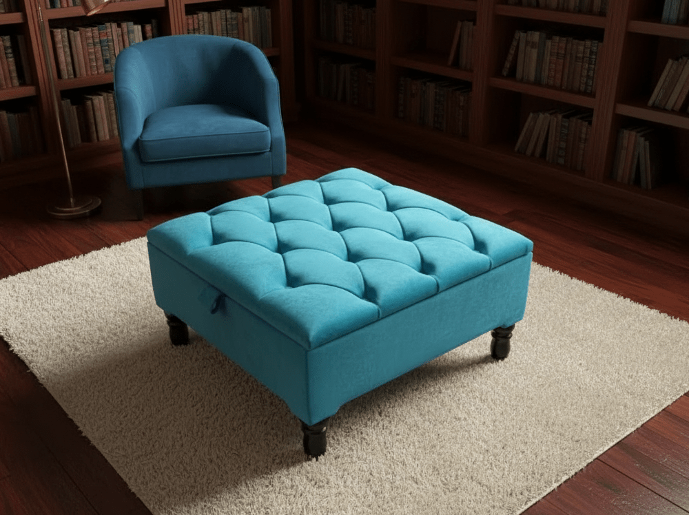 Chesterfield Storage Ottoman Bench UK – Plush Velvet Coffee Table with Hidden Storage ( Aqua ) - ISTOOLS