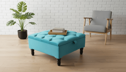 Chesterfield Storage Ottoman Bench UK – Plush Velvet Coffee Table with Hidden Storage ( Aqua ) - ISTOOLS