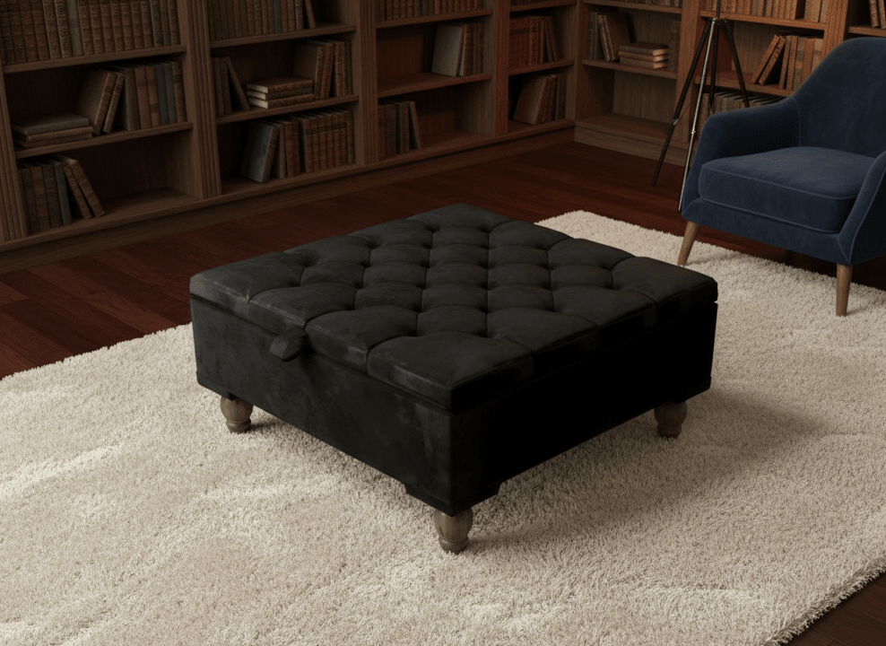 Chesterfield Storage Ottoman Bench UK – Plush Velvet Coffee Table with Hidden Storage (Black) - ISTOOLS