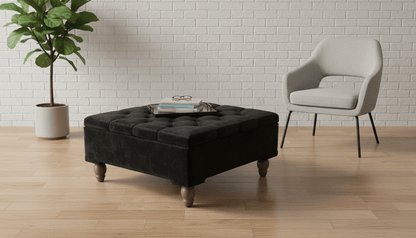 Chesterfield Storage Ottoman Bench UK – Plush Velvet Coffee Table with Hidden Storage (Black) - ISTOOLS