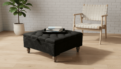 Chesterfield Storage Ottoman Bench UK – Plush Velvet Coffee Table with Hidden Storage (Black) - ISTOOLS