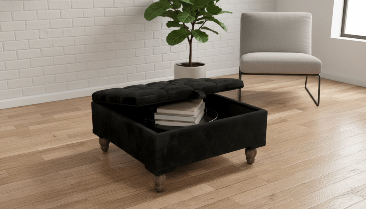 Chesterfield Storage Ottoman Bench UK – Plush Velvet Coffee Table with Hidden Storage (Black) - ISTOOLS