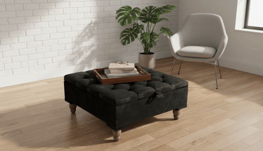 Chesterfield Storage Ottoman Bench UK – Plush Velvet Coffee Table with Hidden Storage (Black) - ISTOOLS