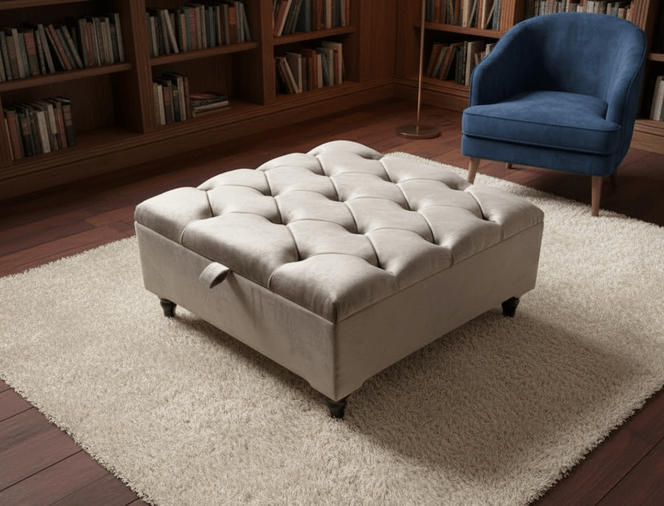 Chesterfield Storage Ottoman Bench UK – Plush Velvet Coffee Table with Hidden Storage (Champagne) - ISTOOLS