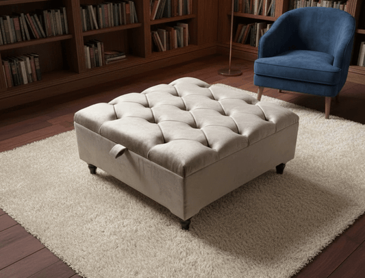 Chesterfield Storage Ottoman Bench UK – Plush Velvet Coffee Table with Hidden Storage (Champagne) - ISTOOLS