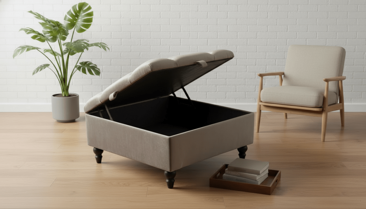 Chesterfield Storage Ottoman Bench UK – Plush Velvet Coffee Table with Hidden Storage (Champagne) - ISTOOLS