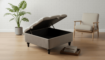 Chesterfield Storage Ottoman Bench UK – Plush Velvet Coffee Table with Hidden Storage (Champagne) - ISTOOLS