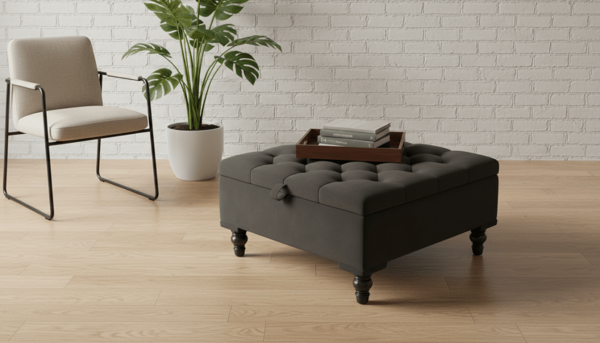 Chesterfield Storage Ottoman Bench UK – Plush Velvet Coffee Table with Hidden Storage (Dark Grey) - ISTOOLS