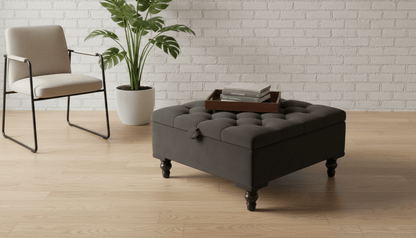 Chesterfield Storage Ottoman Bench UK – Plush Velvet Coffee Table with Hidden Storage (Dark Grey) - ISTOOLS