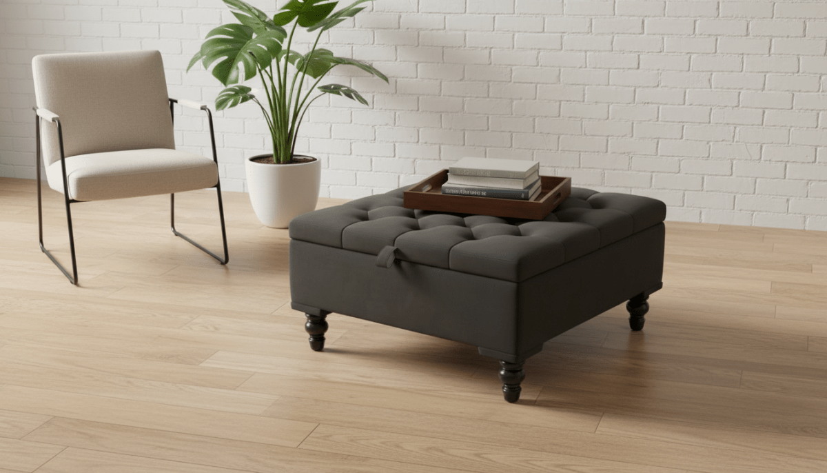 Chesterfield Storage Ottoman Bench UK – Plush Velvet Coffee Table with Hidden Storage (Dark Grey) - ISTOOLS