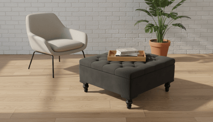 Chesterfield Storage Ottoman Bench UK – Plush Velvet Coffee Table with Hidden Storage (Dark Grey) - ISTOOLS