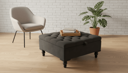 Chesterfield Storage Ottoman Bench UK – Plush Velvet Coffee Table with Hidden Storage (Dark Grey) - ISTOOLS