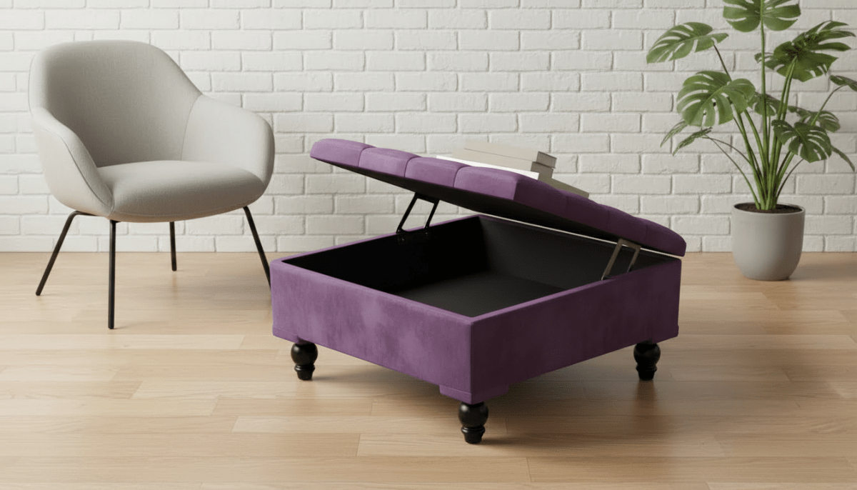 Chesterfield Storage Ottoman Bench UK – Plush Velvet Coffee Table with Hidden Storage (Purple) - ISTOOLS
