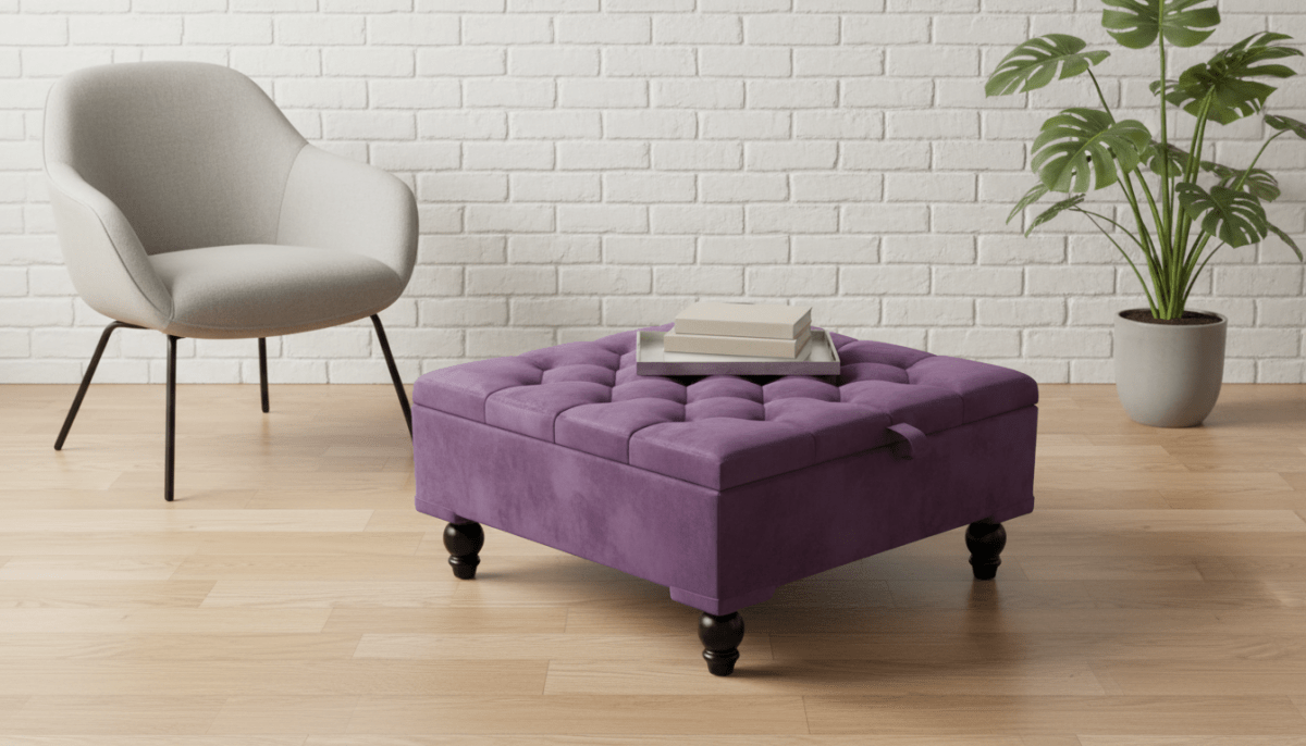 Chesterfield Storage Ottoman Bench UK – Plush Velvet Coffee Table with Hidden Storage (Purple) - ISTOOLS