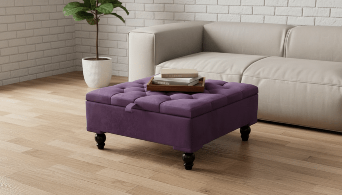 Chesterfield Storage Ottoman Bench UK – Plush Velvet Coffee Table with Hidden Storage (Purple) - ISTOOLS