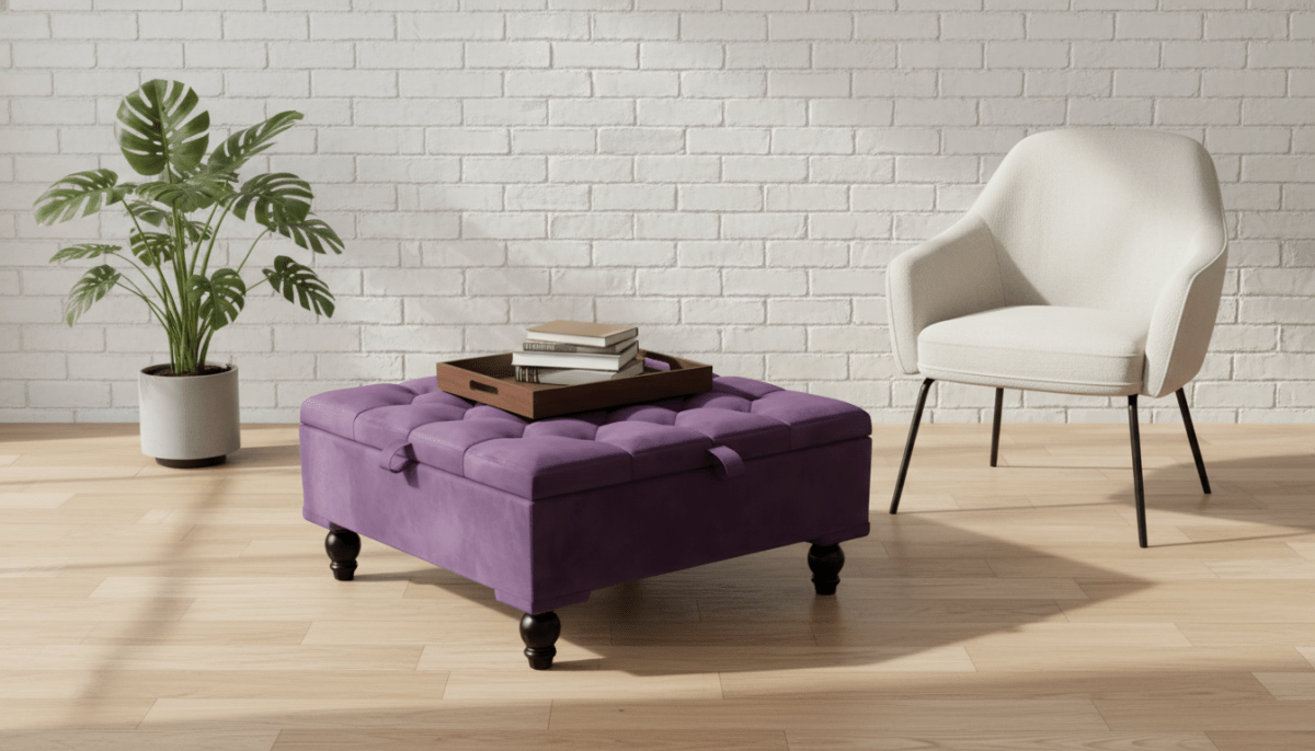 Chesterfield Storage Ottoman Bench UK – Plush Velvet Coffee Table with Hidden Storage (Purple) - ISTOOLS