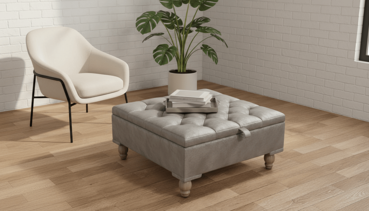 Chesterfield Storage Ottoman Bench UK – Plush Velvet Coffee Table with Hidden Storage (Silver) - ISTOOLS