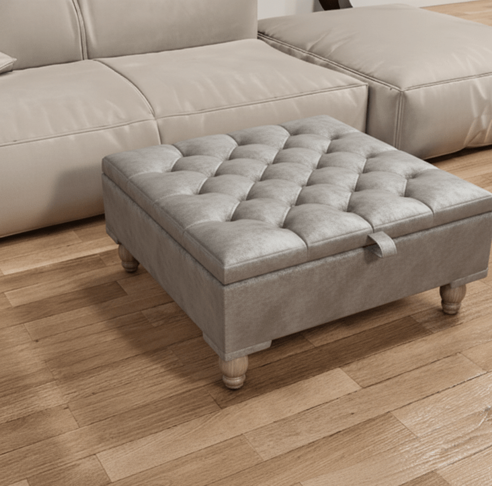 Chesterfield Storage Ottoman Bench UK – Plush Velvet Coffee Table with Hidden Storage (Silver) - ISTOOLS