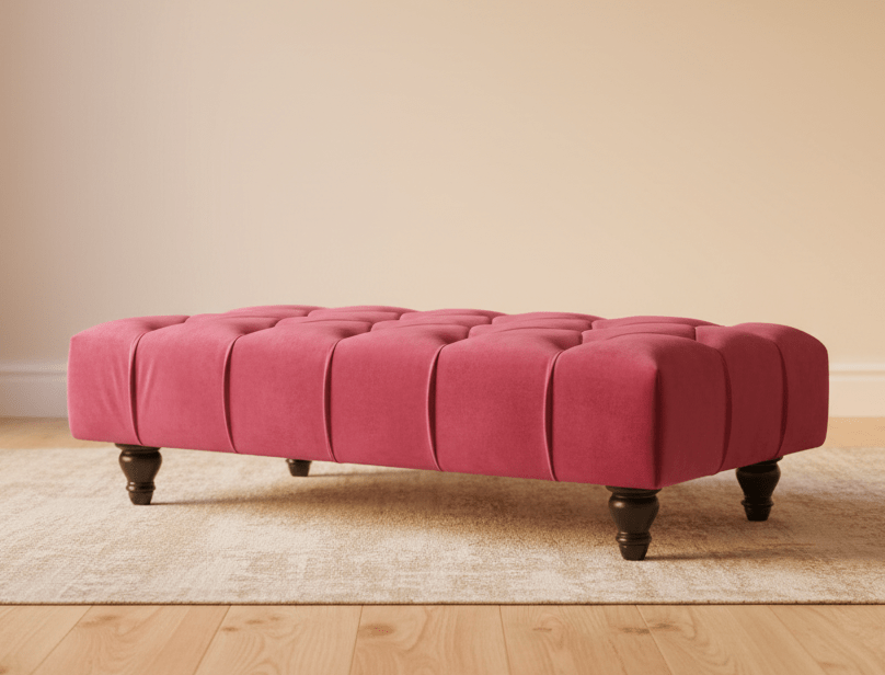Long storage footstool with deep button tufted maroon fabric - ISTOOLS