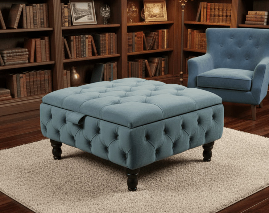 Duck Egg Blue Velvet Chesterfield Ottoman Storage Coffee Table in UK Living Room - ISTOOLS