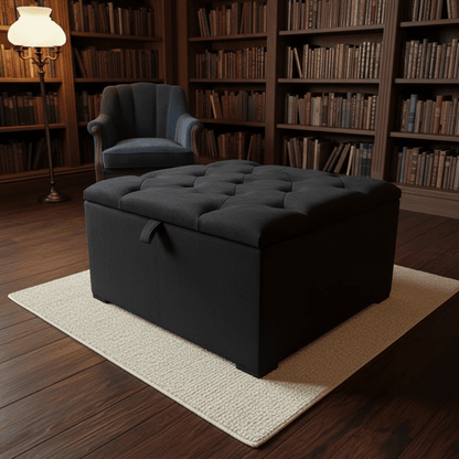 Large black storage ottoman for window bay seating in UK homes - ISTOOLS