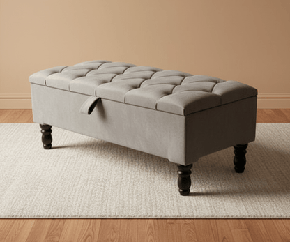 Velvet upholstered ottoman with removable wooden legs and deep storage compartment - ISTOOLS