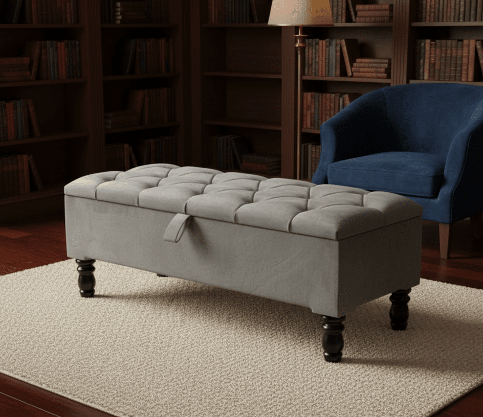 Rectangular storage ottoman coffee table bench in dark grey velvet for living room - ISTOOLS