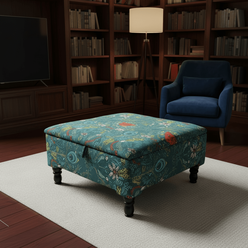 Satin Green Floral Ottoman Square Storage Footstool Pouffe UK - ISTOOLS