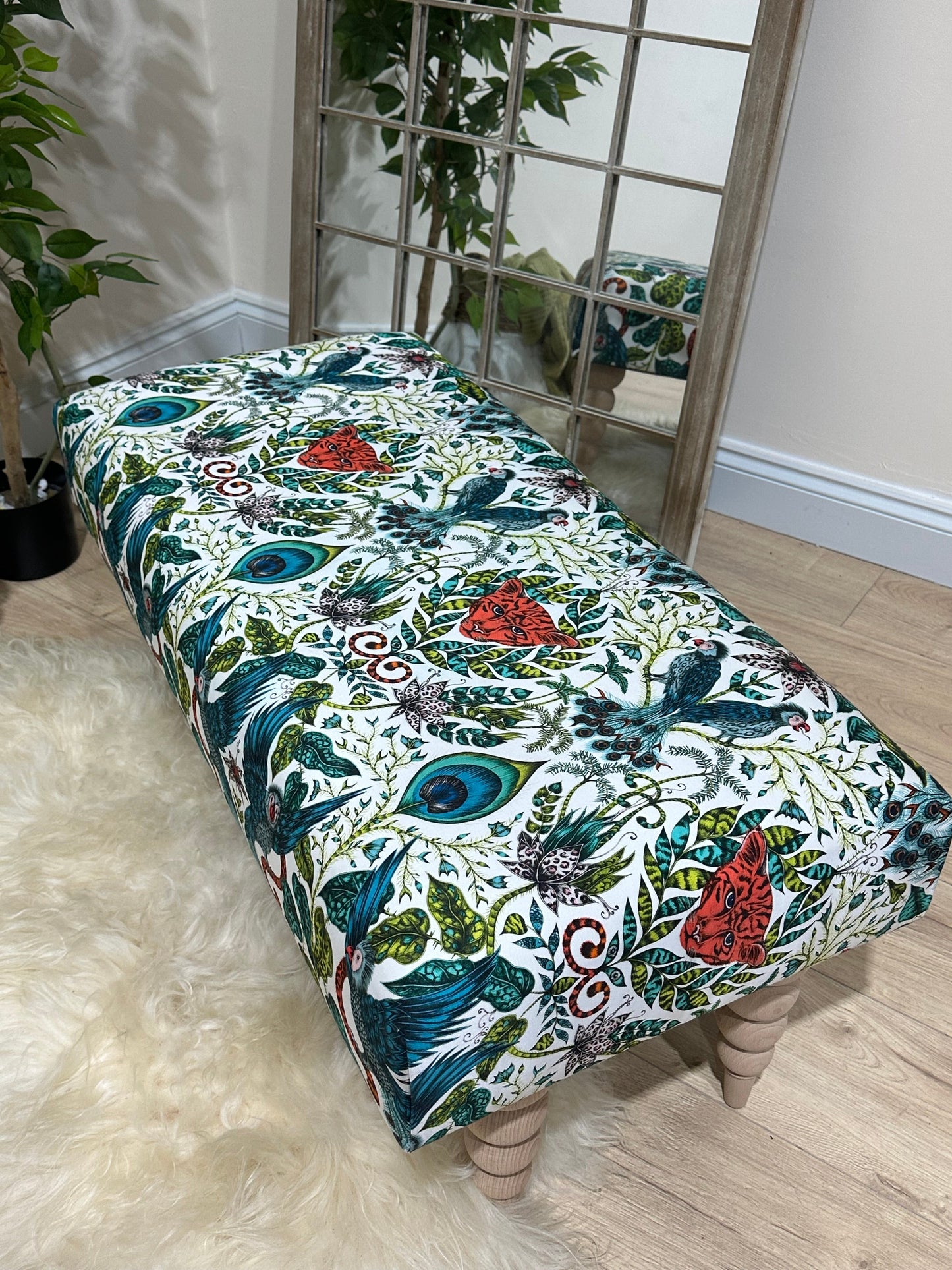 CONTACT US PREMIUM PEACOCK FOOTSTOOL GREEN FLORAL POUFFE FOOTREST TABLE - ISTOOLS