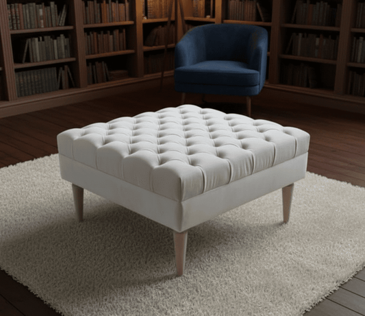 Creamy White Velvet Chesterfield Ottoman Bench for Living Room UK - ISTOOLS