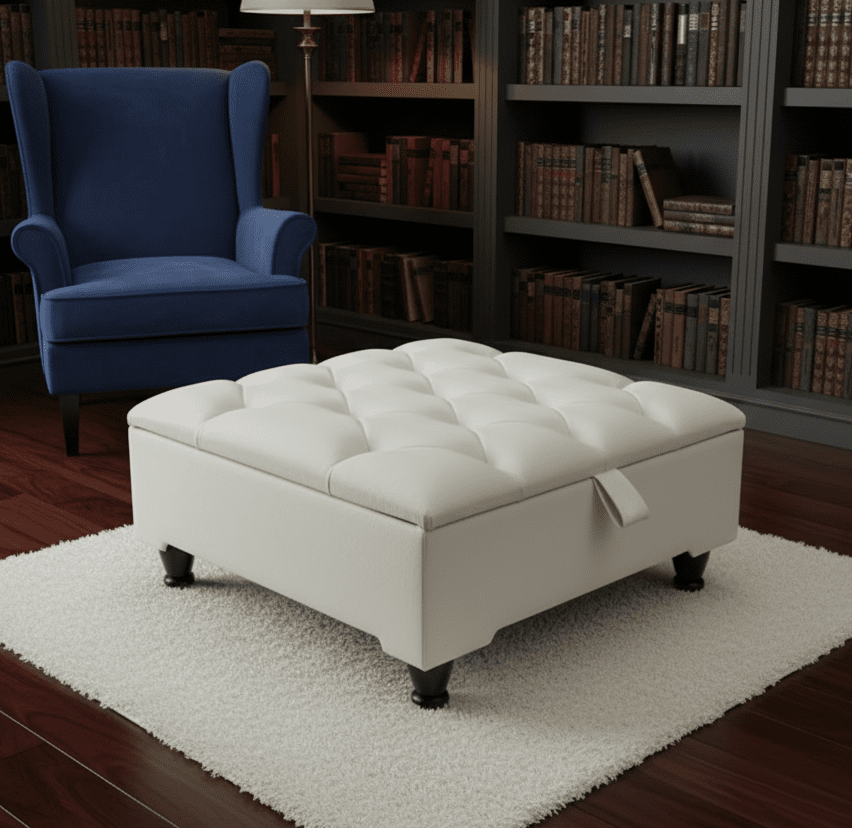 Creamy White Square Coffee Table | Ottoman Storage | Buttoned Chesterfield Pouffe - ISTOOLS