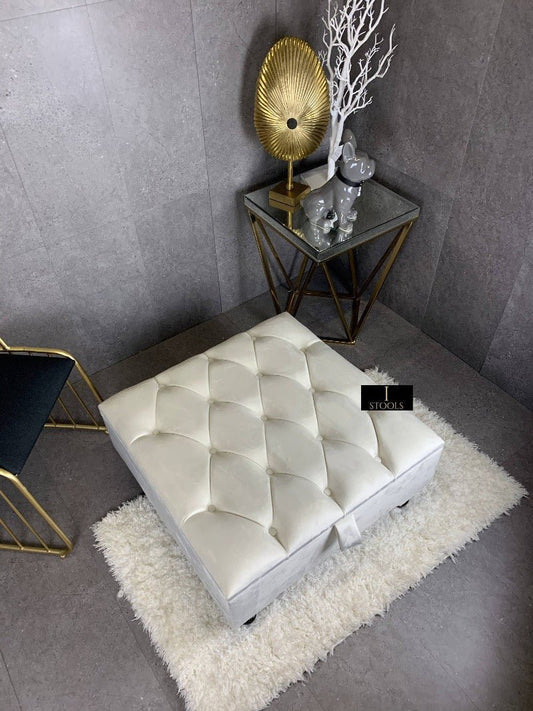 Creamy White Square Coffee Table | Ottoman Storage | Buttoned Chesterfield Pouffe - ISTOOLS