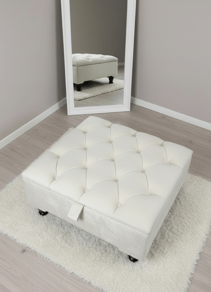 Creamy White Square Coffee Table | Ottoman Storage | Buttoned Chesterfield Pouffe - ISTOOLS