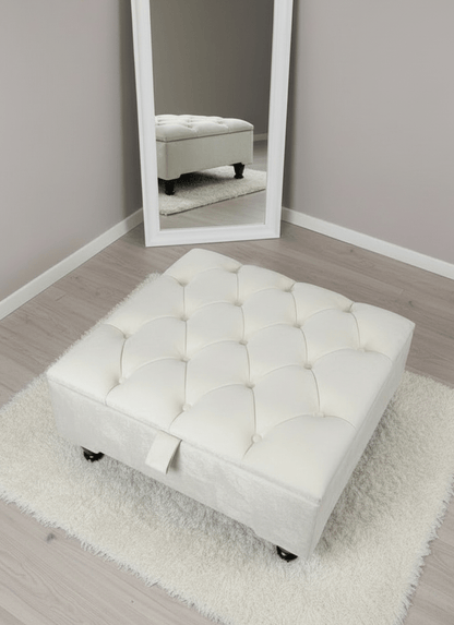 Creamy White Square Coffee Table | Ottoman Storage | Buttoned Chesterfield Pouffe - ISTOOLS