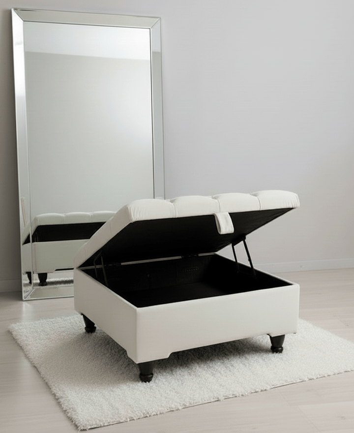 Creamy White Square Coffee Table | Ottoman Storage | Buttoned Chesterfield Pouffe - ISTOOLS