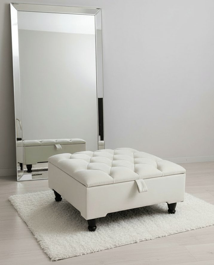 Creamy White Square Coffee Table | Ottoman Storage | Buttoned Chesterfield Pouffe - ISTOOLS