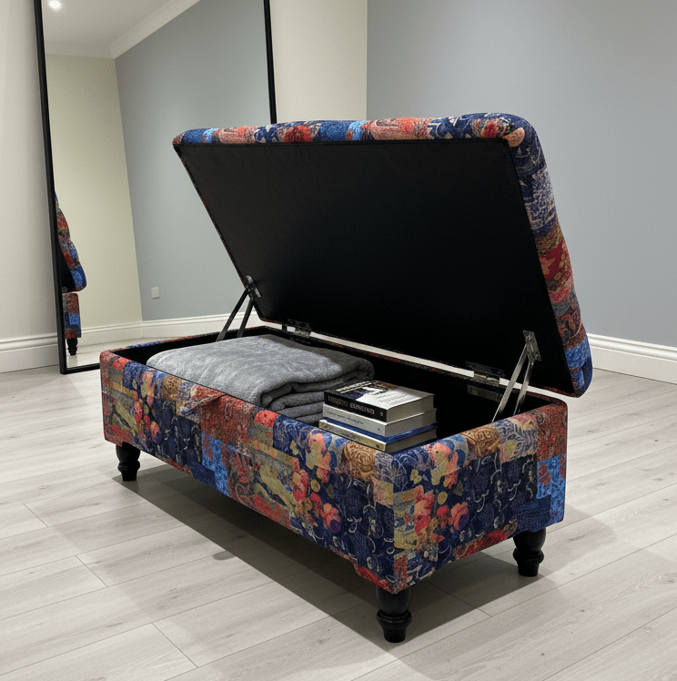 Upholstered storage ottoman bench with lift-up lid and cushioned seat - ISTOOLS