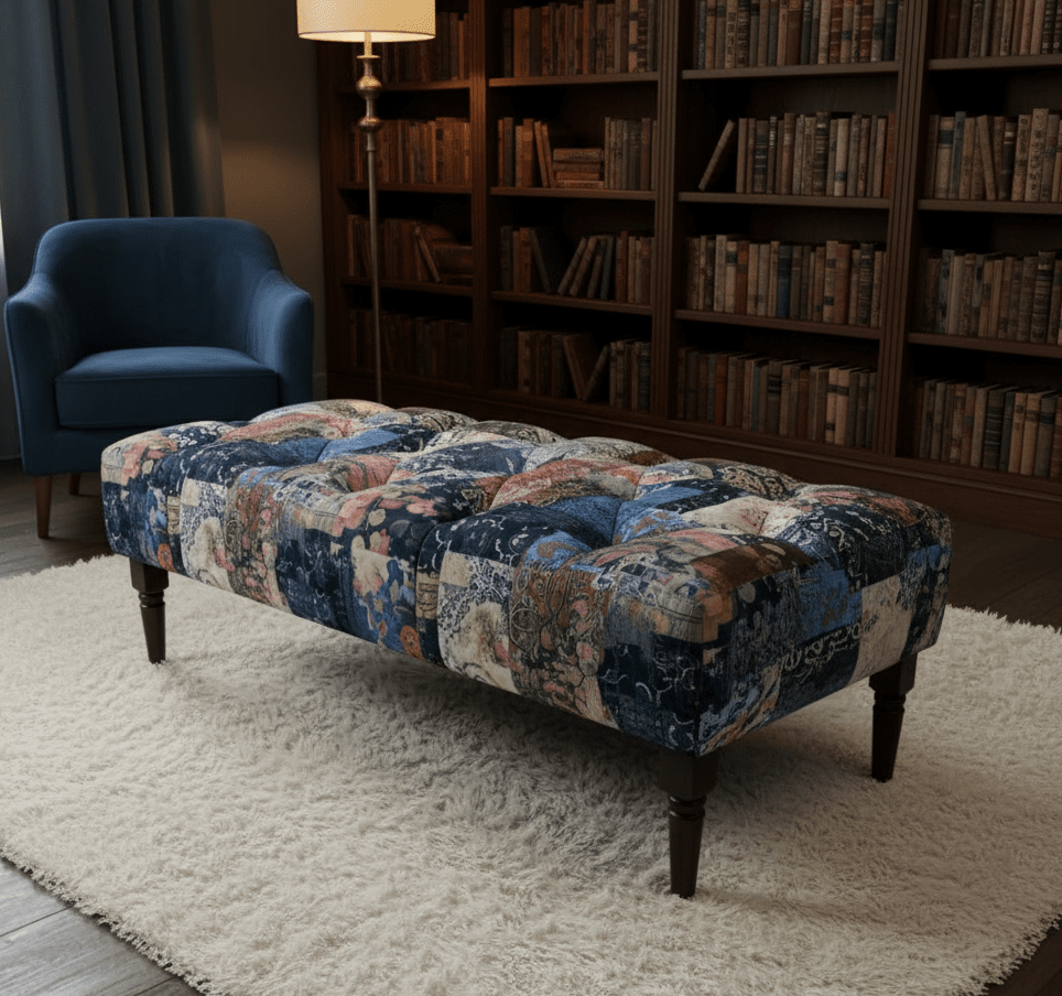 Demask patterned upholstered footstool ottoman bench in UK living room - ISTOOLS