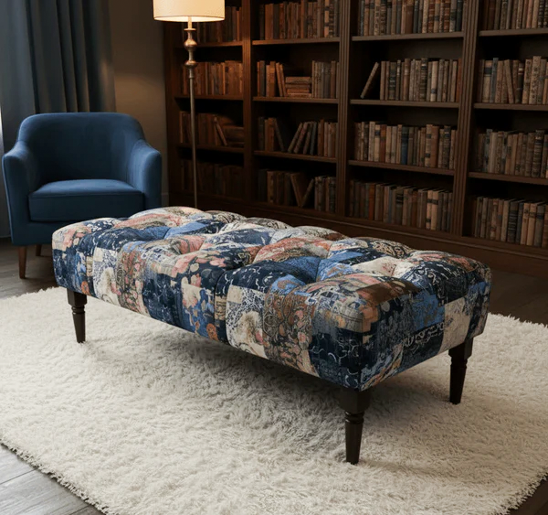 Demask patterned upholstered footstool ottoman bench in UK living room - ISTOOLS