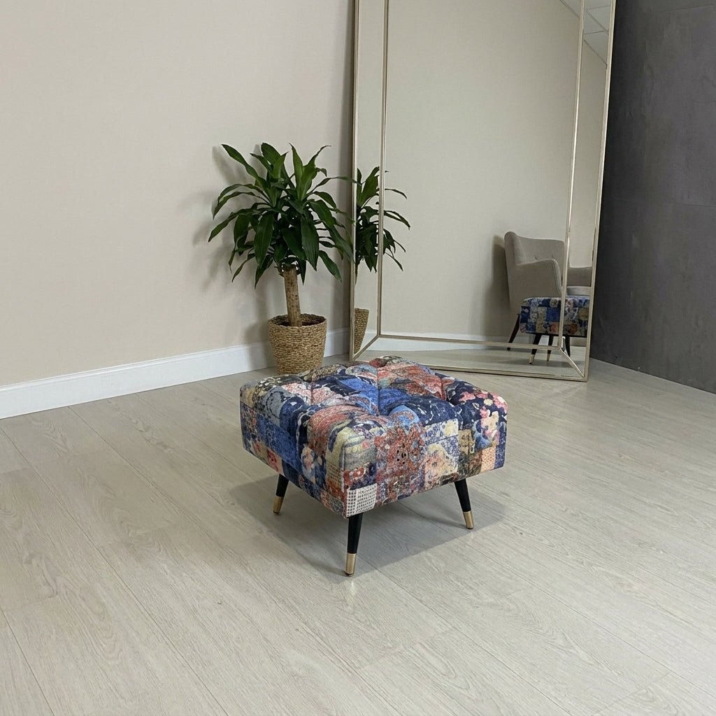 Demask Upholstered Footstool Ottoman – Handmade Stylish Seating - ISTOOLS