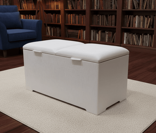 double lid deep storage ottoman coffee table in grey upholstery UK living room - ISTOOLS
