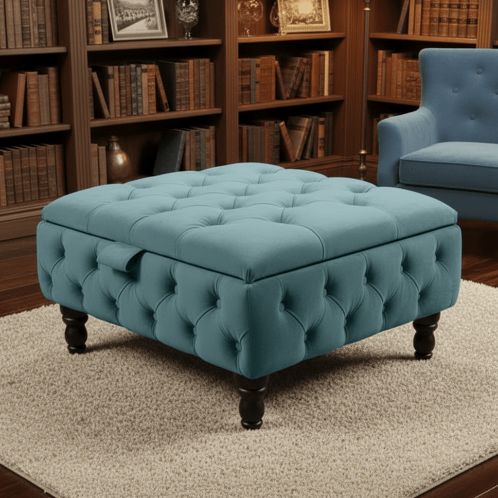 Duck Egg Blue Velvet Chesterfield Ottoman Storage Coffee Table – Stylish Multifunctional Furniture - ISTOOLS