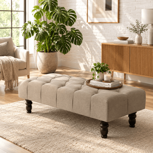 Extra Large Champagne Beige Chesterfield Footstool – Luxury Buttoned UK Design - ISTOOLS