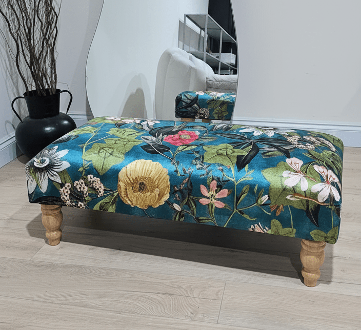 Plush floral pattern ottoman – soft cushioned bench with wooden legs - ISTOOLS