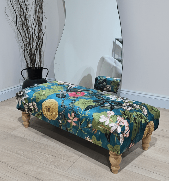 Floral Printed Footstool Luxurious Fabric Bench - ISTOOLS